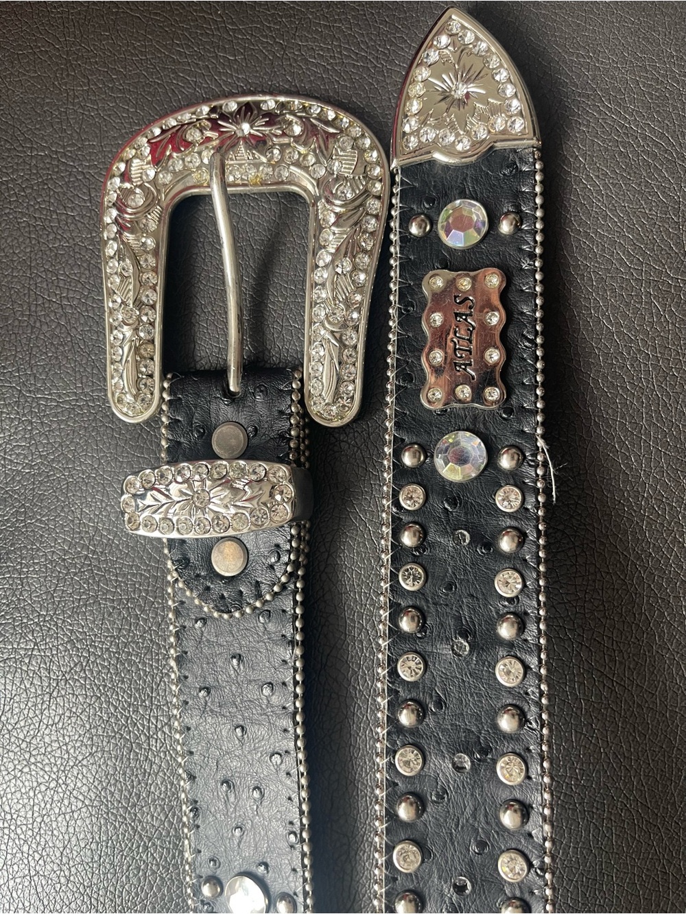 Black Studded Western Belt with Ornate Silver Buckle
